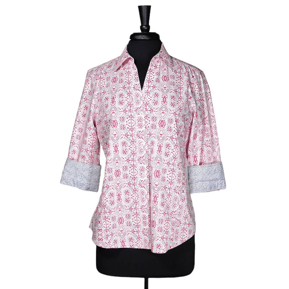 Foxcroft Pink and White Printed Split-V Button Down Shirt  Size L